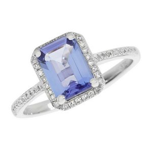 Tanzanite and Diamond Cluster Ring with Diamond Set Shoulders in 9ct White Gold