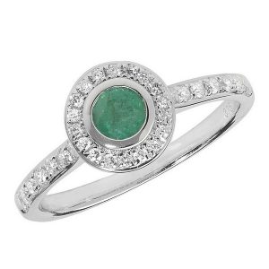 Diamond and Emerald Rubover Ring with Diamond Set Shoulders in 9ct White Gold
