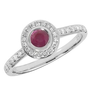 Diamond and Ruby Rubover Ring with Diamond Set Shoulders in 9ct White Gold