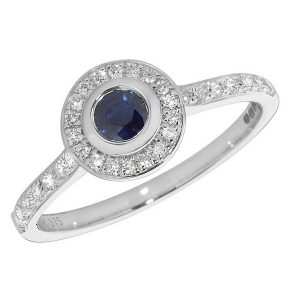 Diamond and Sapphire Rubover Ring with Diamond Set Shoulders in 9ct White Gold