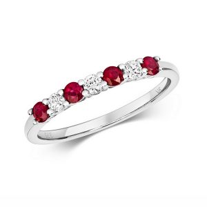 Claw Set Round Ruby and Diamond Half Eternity Style Ring in 9ct White Gold