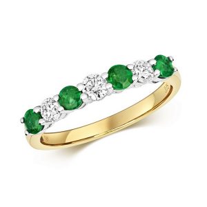 Claw Set Round Emerald and Diamond Half Eternity Style Ring in 9ct Yellow Gold