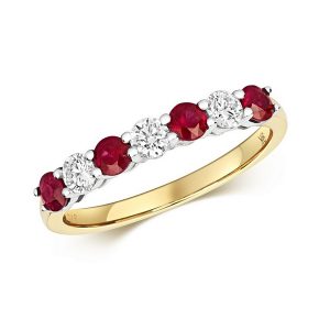 Claw Set Round Ruby and Diamond Half Eternity Style Ring in 9ct Yellow Gold