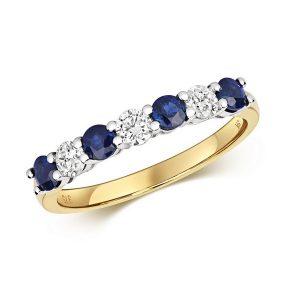 Claw Set Round Sapphire and Diamond Half Eternity Style Ring in 9ct Yellow Gold