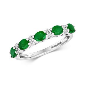 Claw Set Round Emerald and Diamond Half Eternity Style Ring in 9ct White Gold