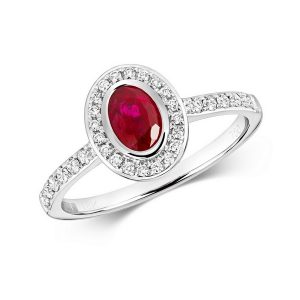 Diamond and Oval Ruby Rubover Style Ring with Diamond Set Shoulders in 9ct White Gold