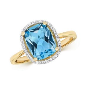 Diamond and Fancy Cut Centre Set Cushion Blue Topaz Cocktail Ring in 9ct Yellow Gold
