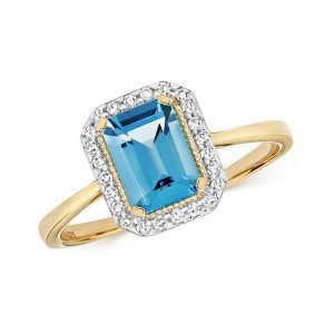 Diamond and Fancy Emerald Cut Centre Set Blue Topaz Cocktail Ring in 9ct Yellow Gold