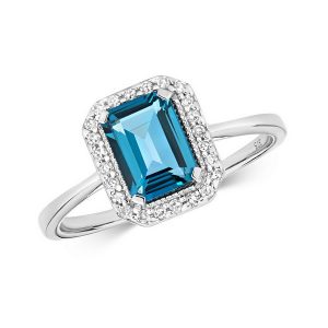 Diamond and Fancy Emerald Cut Centre Set London Blue Topaz Cocktail Ring in 9ct White Gold