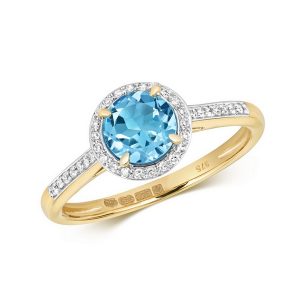 Diamond and Fancy Round Cut Centre Set Blue Topaz Cocktail Ring in 9ct Yellow Gold
