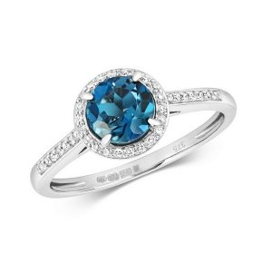 Diamond and Fancy Round Cut Centre Set London Blue Topaz Cocktail Ring in 9ct White Gold