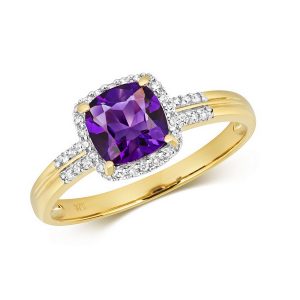 Diamond and Fancy Cushion Cut Centre Set Amethyst Cocktail Ring with Diamond Shoulders in 9ct Yellow Gold