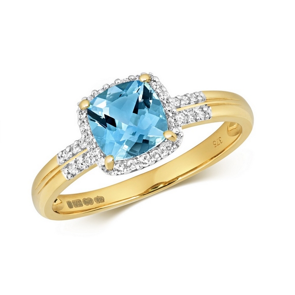 Diamond and Fancy Cushion Cut Centre Set Blue Topaz Cocktail Ring with ...