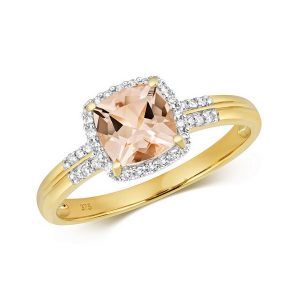 Diamond and Fancy Cushion Cut Centre Set Morganite Cocktail Ring with Diamond Shoulders in 9ct Yellow Gold
