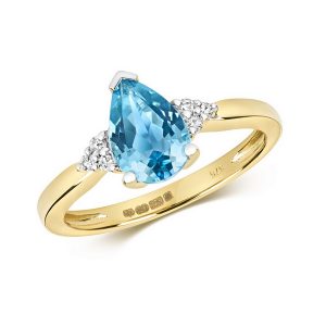 Diamond and Fancy Pear Cut Centre Set Blue Topaz Cocktail Ring with Diamond Accents in 9ct Yellow Gold