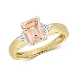 Diamond and Fancy Emerald Cut Centre Set Morganite Cocktail Ring with Diamond Accents in 9ct Yellow Gold