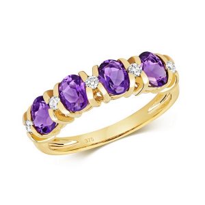 Diamond and Fancy Oval Cut Amethyst Half Eternity Style Ring in 9ct Yellow Gold