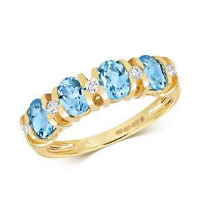 Diamond and Fancy Oval Cut Blue Topaz Half Eternity Style Ring in 9ct Yellow Gold