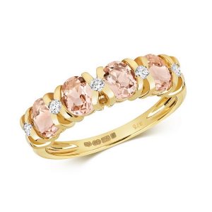 Diamond and Fancy Oval Cut Morganite Half Eternity Style Ring in 9ct Yellow Gold