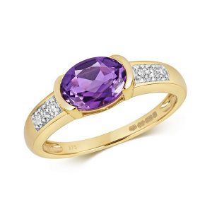 Diamond and Bezel Set Oval Amethyst Dress Ring with Diamond Shoulders in 9ct Yellow Gold