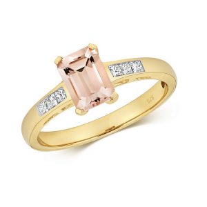 Diamond and Prong Set Emerald Cut Morganite Dress Ring with Diamond Shoulders in 9ct Yellow Gold
