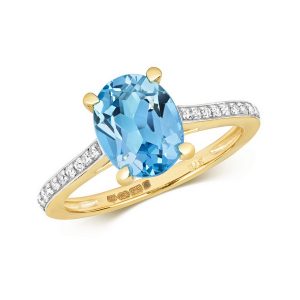 Diamond and Prong Set Fancy Cut Oval Blue Topaz Dress Ring with Diamond Shoulders in 9ct Yellow Gold