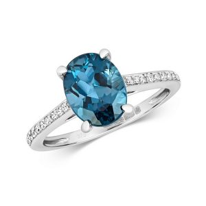 Diamond and Prong Set Fancy Cut Oval London Blue Topaz Dress Ring with Diamond Shoulders in 9ct Yellow Gold