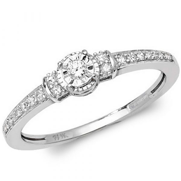 Solitaire Diamond Ring with Diamond Shoulders in 9ct White Gold (0.15ct)