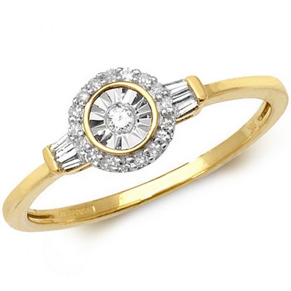 Halo Diamond Ring with Baguette Accent Shoulders in 9ct Yellow Gold (0.14ct)