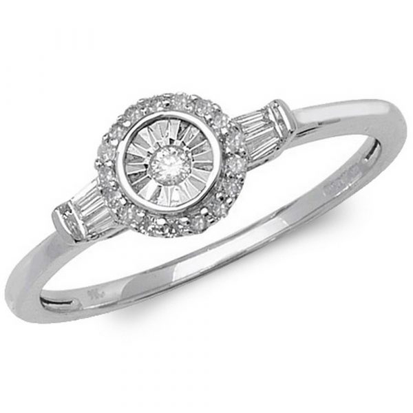 Halo Diamond Ring with Baguette Accent Shoulders in 9ct White Gold (0.14ct)