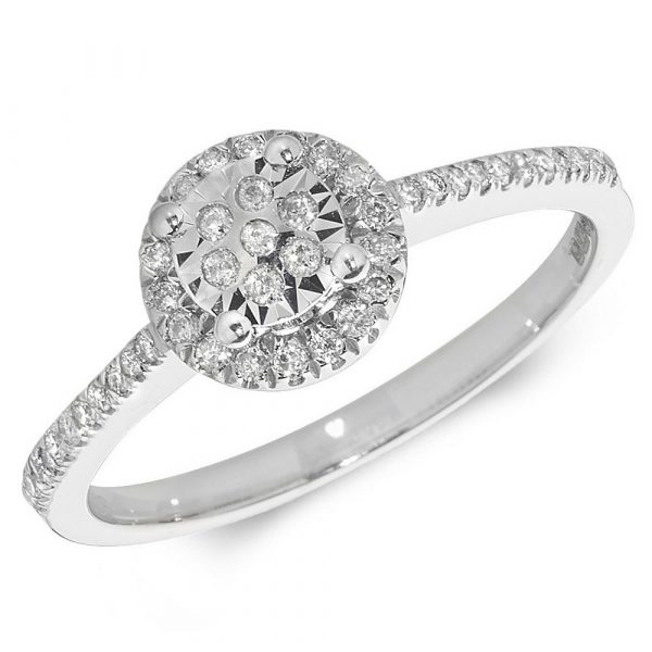 Halo Diamond Ring with Diamond Shoulders in 9ct White Gold (0.21ct)