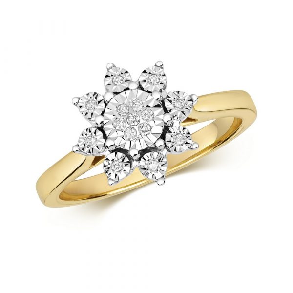 Flower Design Plate Set Diamond Ring in 9ct Yellow Gold (0.07ct)