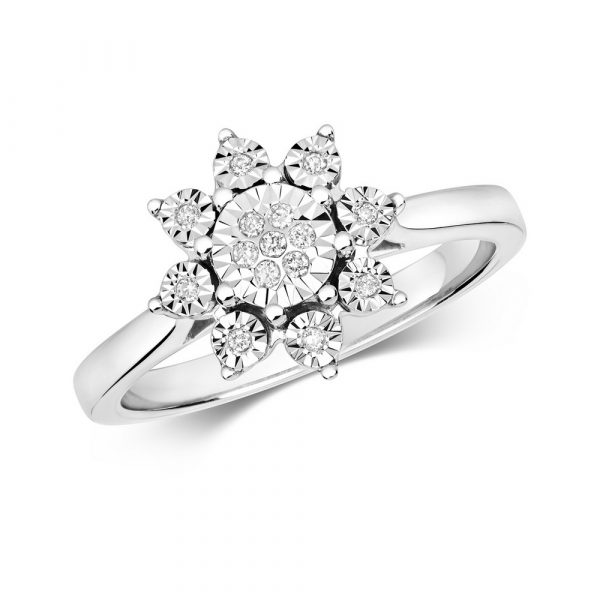 Flower Design Plate Set Diamond Ring in 9ct White Gold (0.07ct)