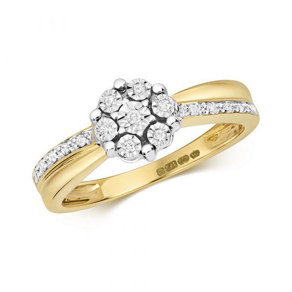 Illusion Set Diamond Cluster Ring with Diamond Shoulders 9ct Yellow Gold (0.09ct)