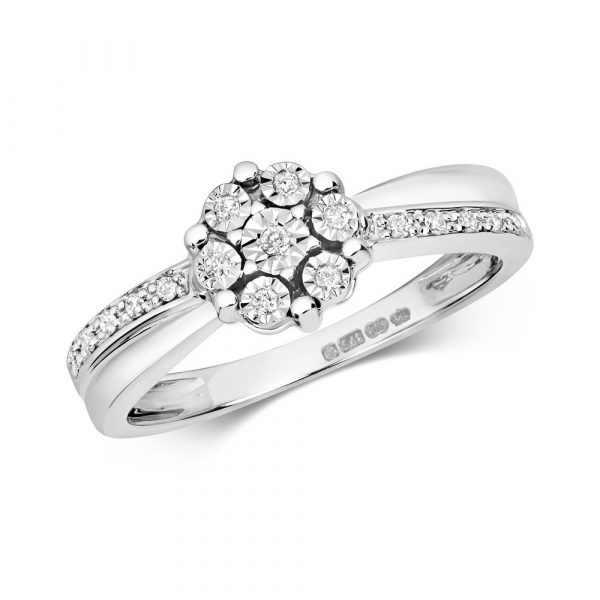 Illusion Set Diamond Cluster Ring with Diamond Shoulders 9ct White Gold (0.09ct)