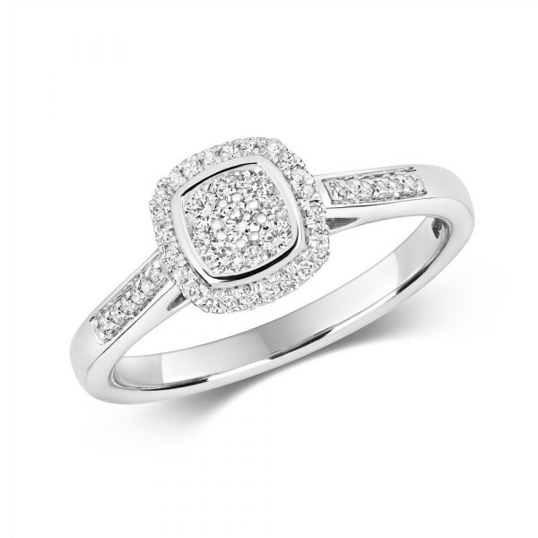 Cushion Shaped Diamond Cluster Ring with Diamond Shoulders in 9ct White Gold (0.25ct)