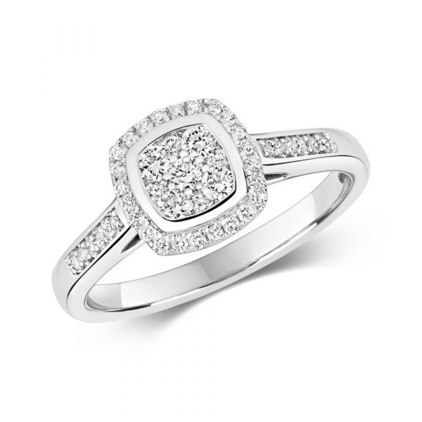 Cushion Shaped Diamond Cluster Ring with Diamond Shoulders in 9ct White Gold (0.33ct)