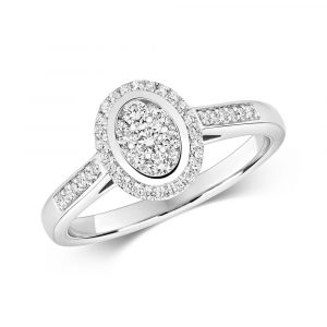 Oval Shaped Diamond Cluster Ring with Diamond Shoulders in 9ct White Gold (0.33ct)