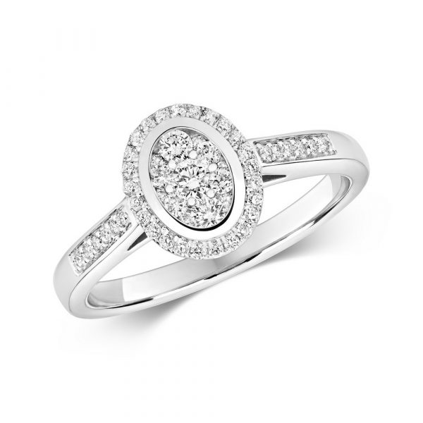 Oval Shaped Diamond Cluster Ring with Diamond Shoulders in 9ct White Gold (0.33ct)