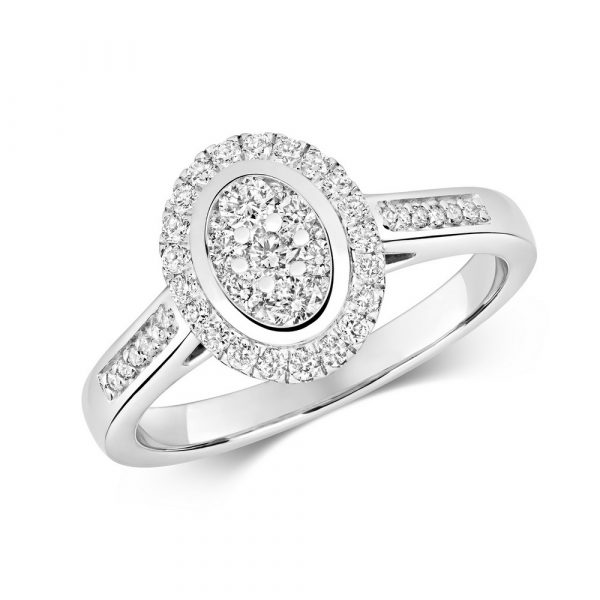 Oval Shaped Diamond Cluster Ring with Diamond Shoulders in 9ct White Gold (0.50ct)