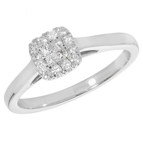 Diamond Cluster Ring Set with Princess Diamond Centre in 9ct White Gold (0.20ct)