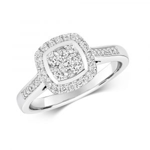 Cushion Shaped Diamond Cluster Ring with Diamond Shoulders in 9ct White Gold (0.50ct)