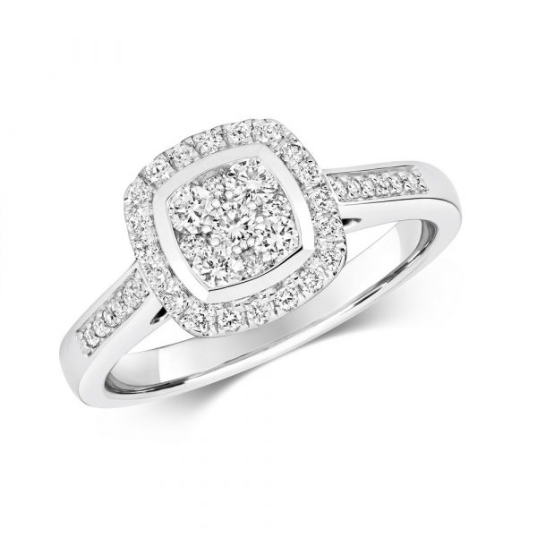 Cushion Shaped Diamond Cluster Ring with Diamond Shoulders in 9ct White Gold (0.50ct)