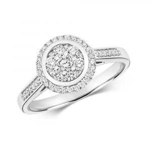 Round Shaped Diamond Cluster Ring with Diamond Shoulders in 9ct White Gold (0.50ct)