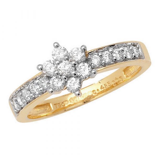 Seven Stone Diamond Cluster Ring with Diamond Shoulders in 18ct Yellow Gold (1.00ct)