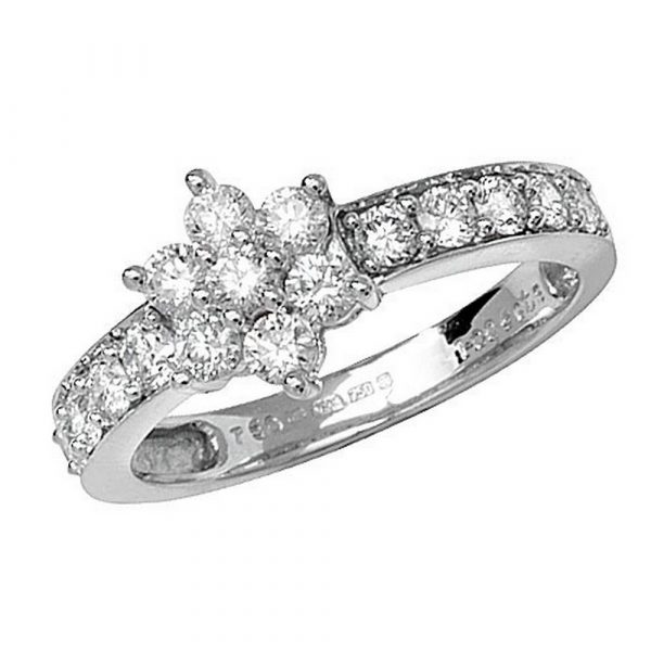 Seven Stone Diamond Cluster Ring with Diamond Shoulders in 18ct White Gold (1.00ct)