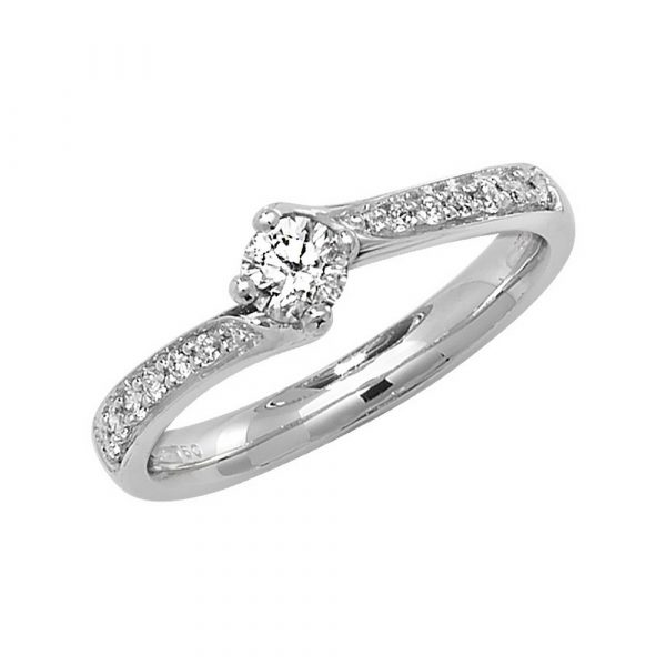 Solitaire 4 Claw Set Diamond Twist Ring with Diamond Shoulders in 18ct White Gold (0.37ct)