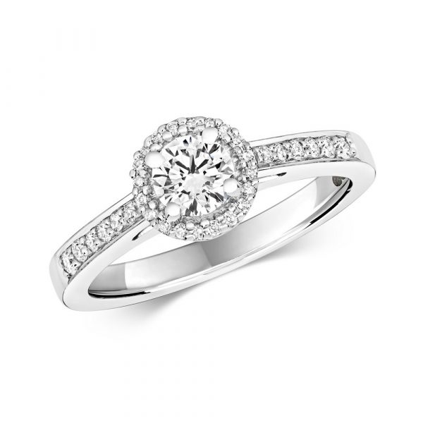 Diamond Round Halo Ring with Diamond Shoulders in 18ct White Gold (0.58ct)