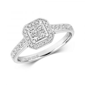 Diamond Cluster Ring with Princess Diamond Centre in 18ct White Gold (0.26ct)