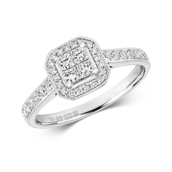 Diamond Cluster Ring with Princess Diamond Centre in 18ct White Gold (0.26ct)
